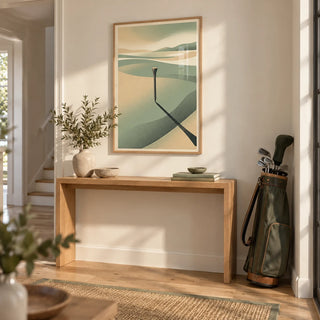 Minimalist Landscape Art Print, framed on the wall of a bright hallway with a cream wall and oak floor