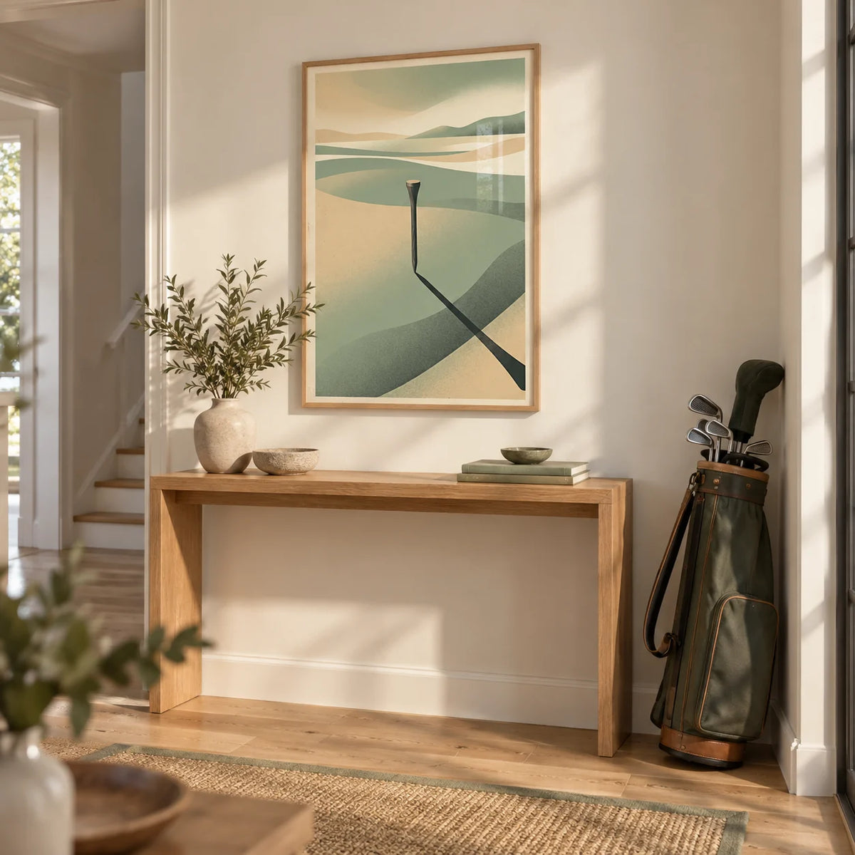 Minimalist Landscape Art Print, framed on the wall of a bright hallway with a cream wall and oak floor