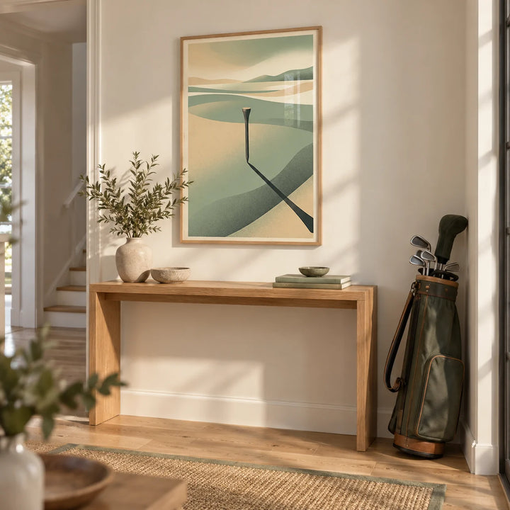 Minimalist Landscape Art Print, framed on the wall of a bright hallway with a cream wall and oak floor