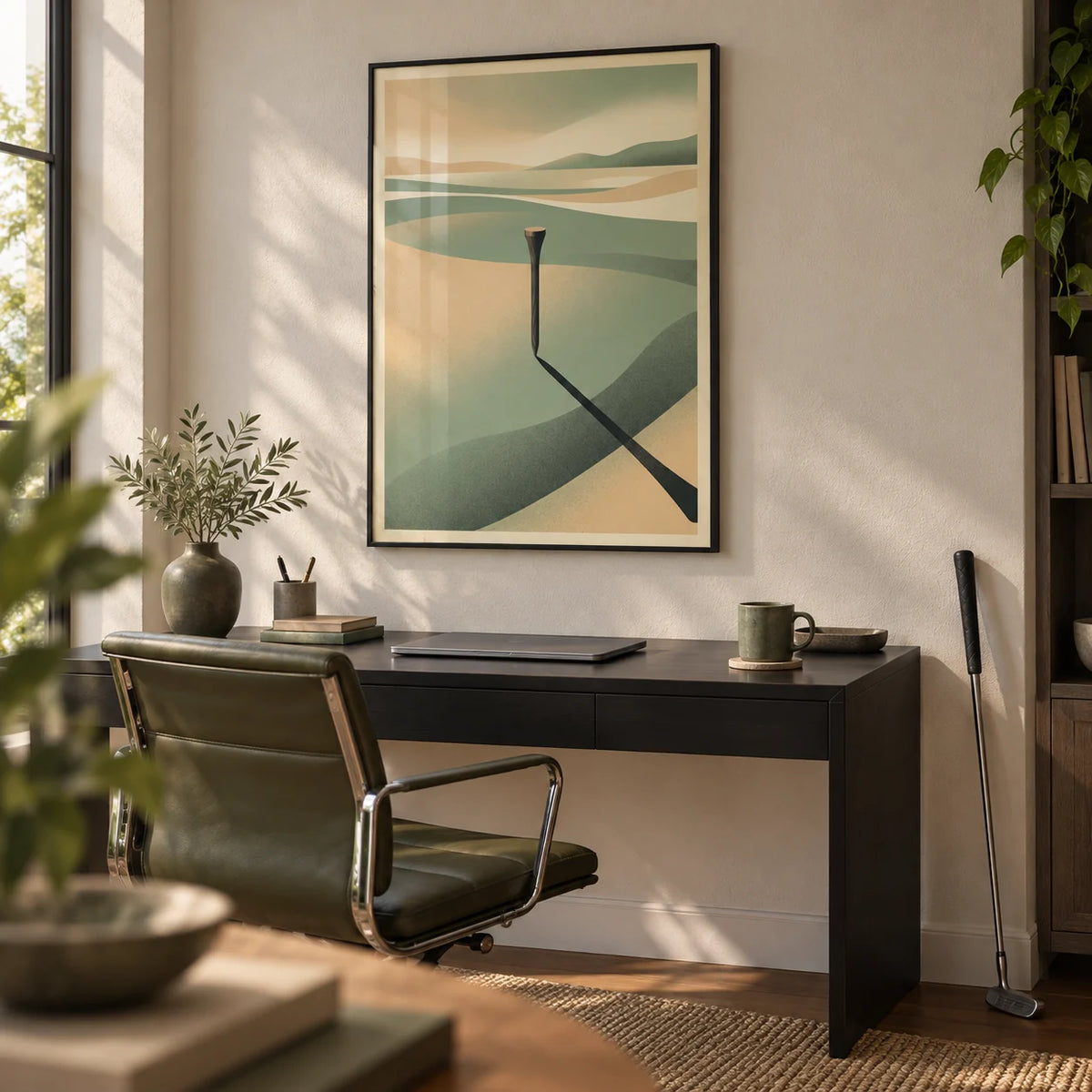 Minimalist Landscape Art Print, framed on the wall of a modern home office