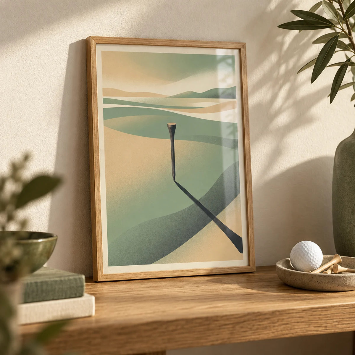 Minimalist Landscape Art Print, a small A4 framed print leaning on an oak shelf in a living room