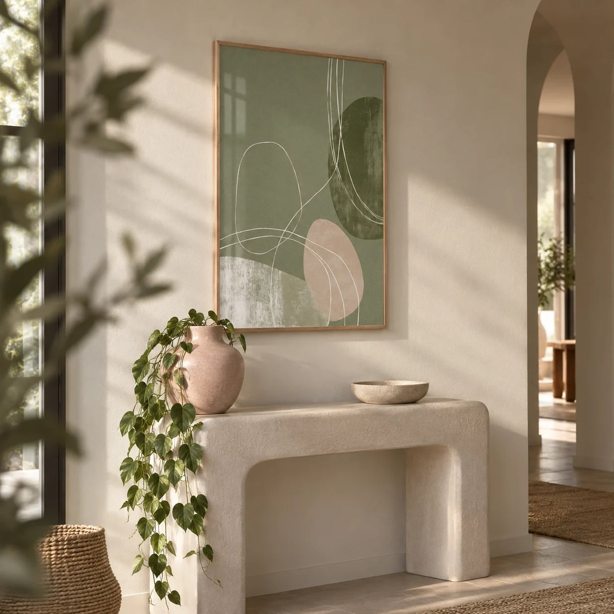 Minimalist Line Art, framed on the wall of a calm hallway