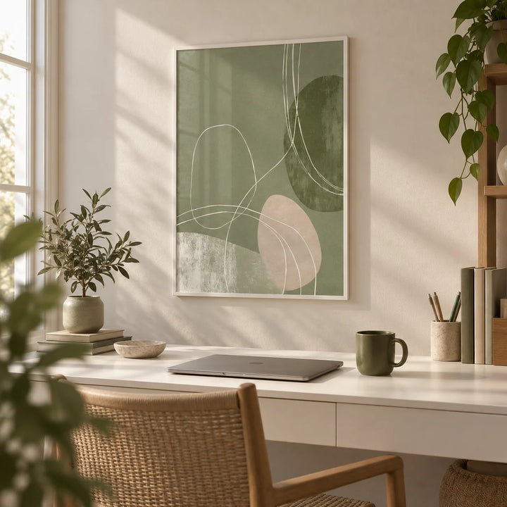 Minimalist Line Art, framed on the wall of a calm home office
