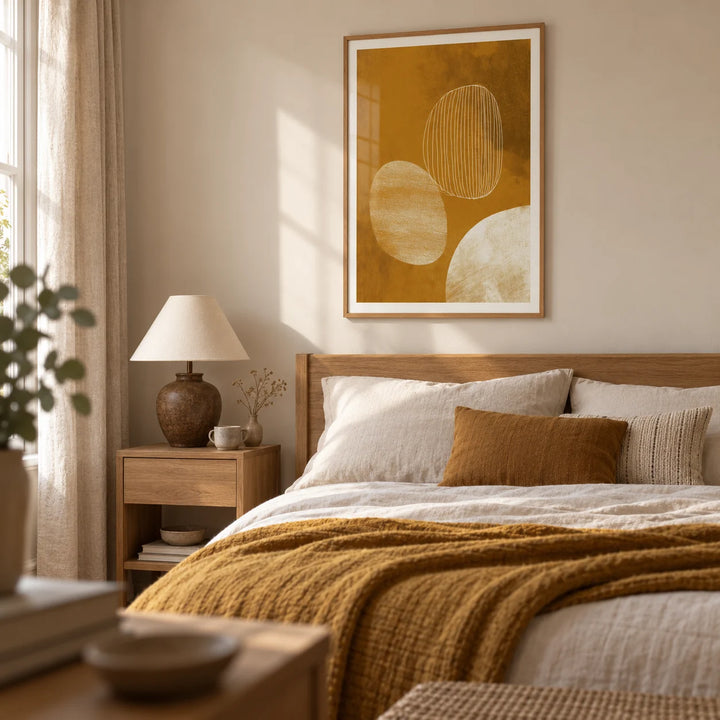 Minimalist Line Art Poster, framed on the wall of a calm bedroom in a renovated UK terrace with pale oatmeal walls