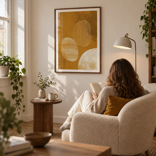 Minimalist Line Art Poster, framed on the wall of a quiet reading corner in a UK first flat for an adult aged 25-35 with a warm white wall in a living room