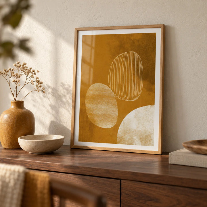 Minimalist Line Art Poster, a small A4 framed print leaning on a walnut side table in a hallway