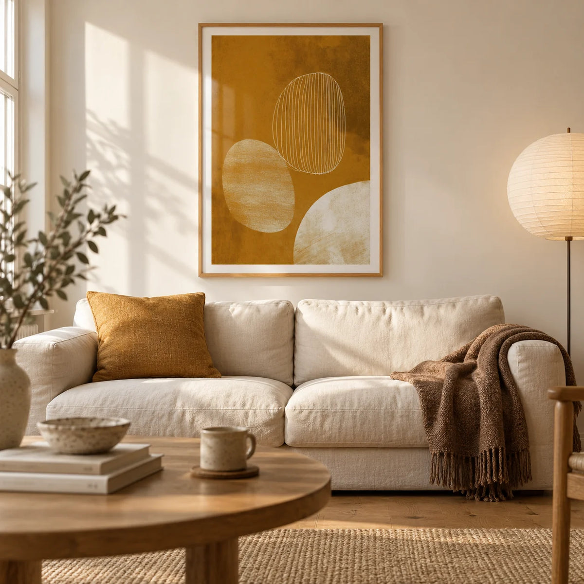 Minimalist Line Art Poster, framed on the wall of a warm contemporary living room in a UK terraced house with ivory plaster walls and oak floorboards
