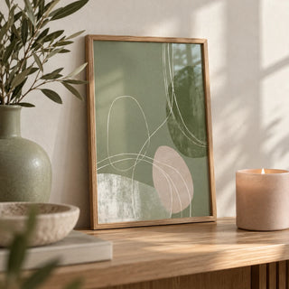Minimalist Line Art, a small A4 framed print leaning on an oak shelf in a living room