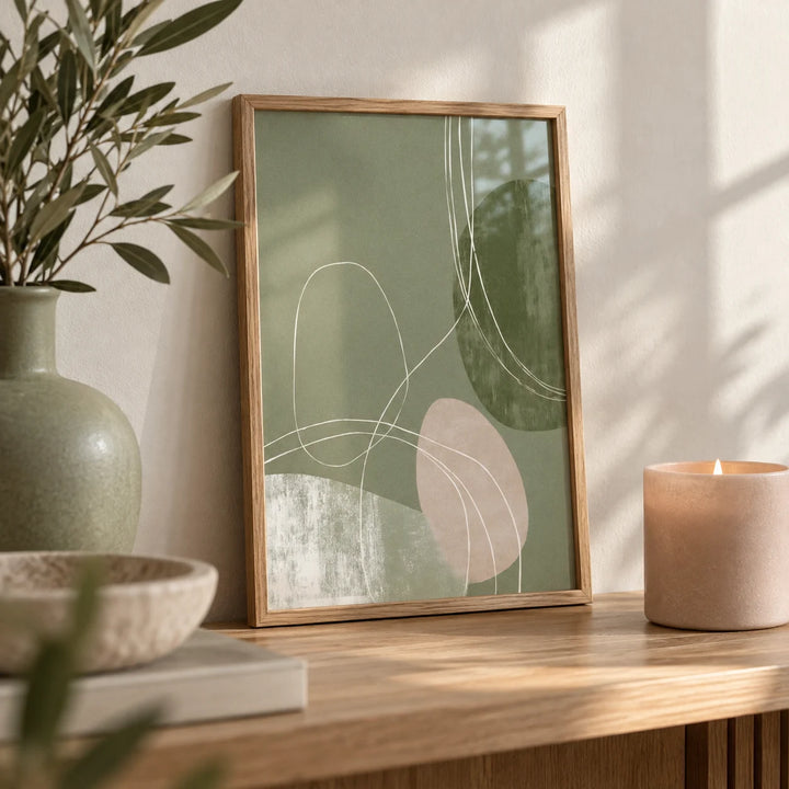 Minimalist Line Art, a small A4 framed print leaning on an oak shelf in a living room
