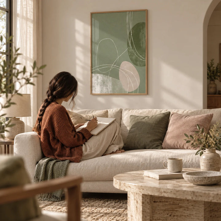 Minimalist Line Art, framed on the wall of a soft modern living room
