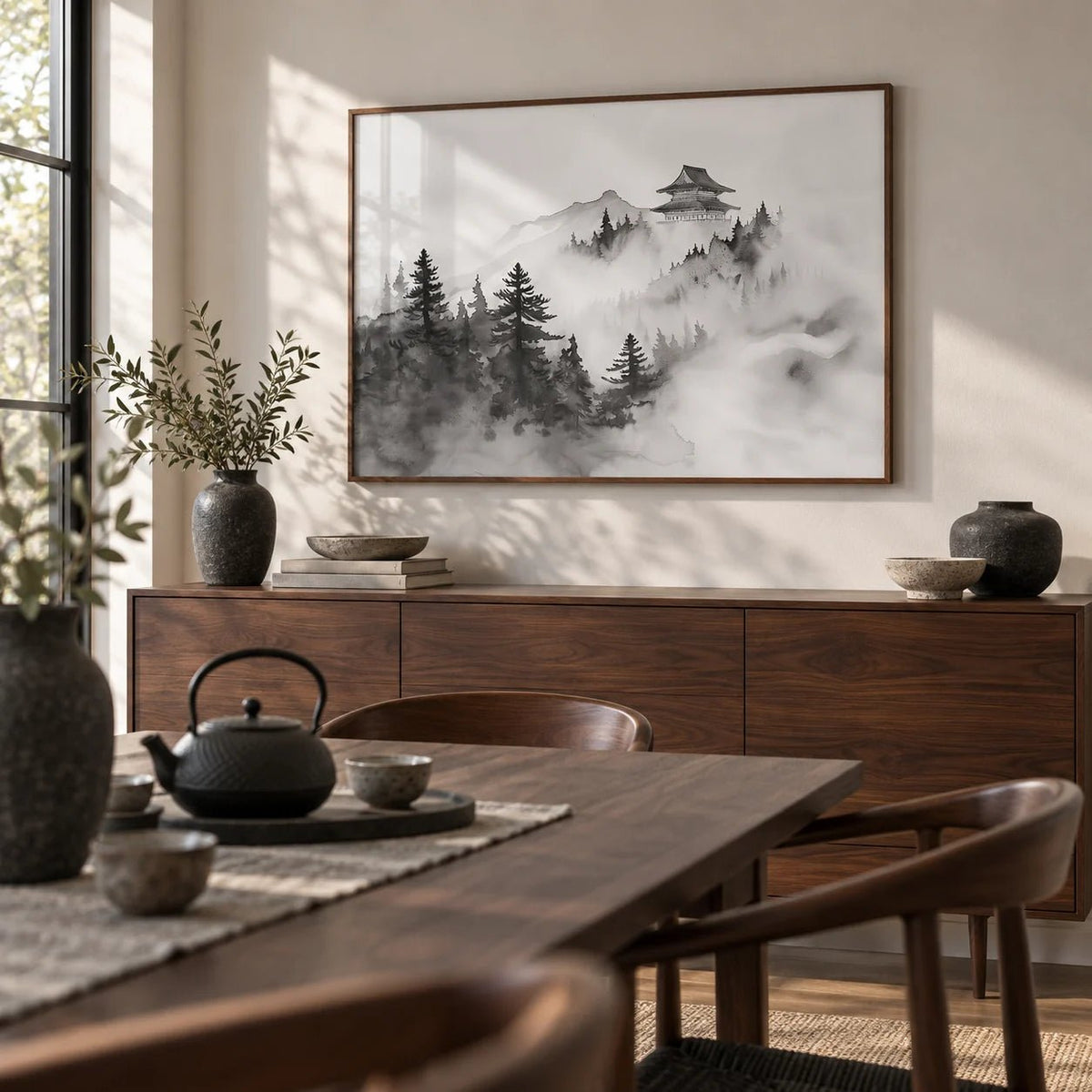 Minimalist Mountain Art, framed on the wall of a calm dining room