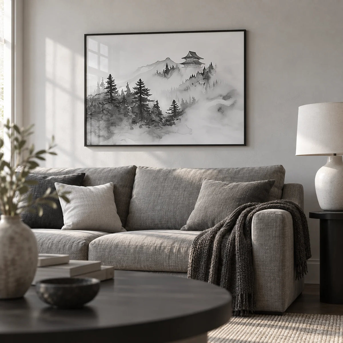 Minimalist Mountain Art, framed on the wall of a calm monochrome living room