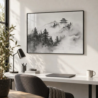 Minimalist Mountain Art, framed on the wall of a minimal home office