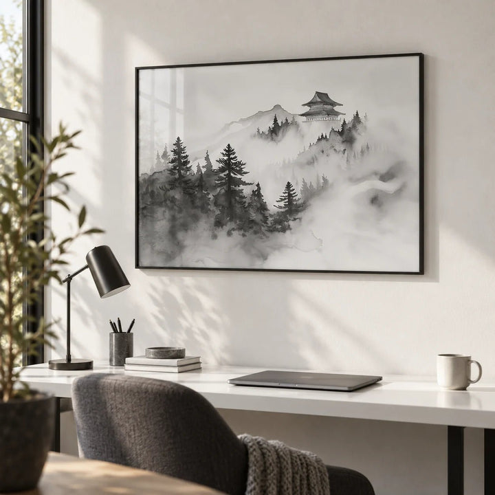 Minimalist Mountain Art, framed on the wall of a minimal home office