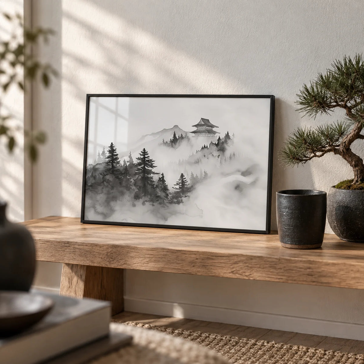 Minimalist Mountain Art, a small A4 framed print leaning on a low oak bench in a living room