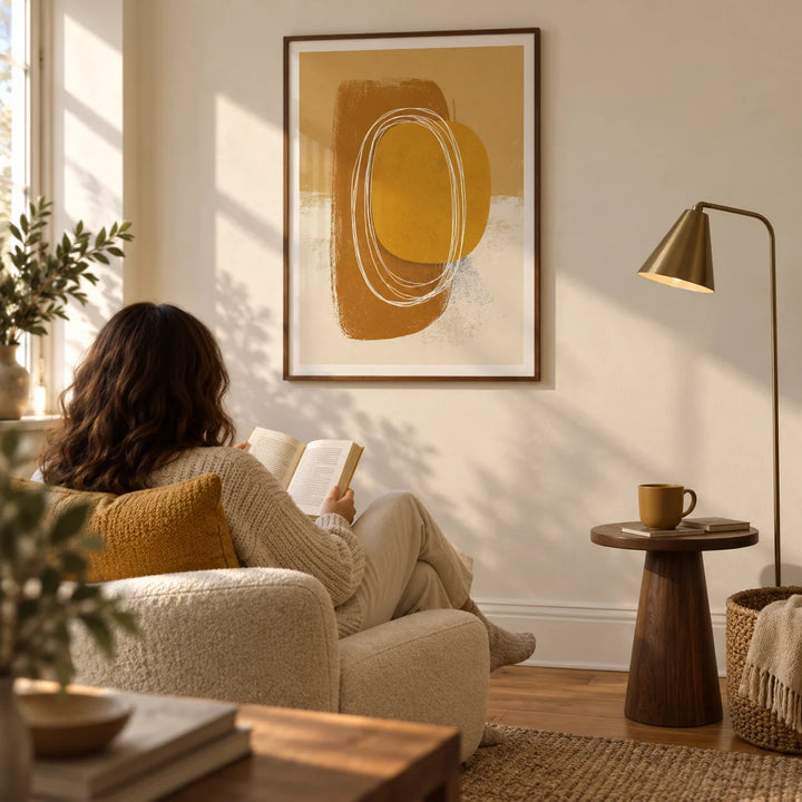 Minimalist Organic Wall Art, framed on the wall of a quiet reading corner in a mature first flat with a warm white wall and oak floorboards in a living room
