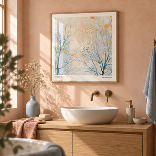 Minimalist Poster Art, framed on the wall of a calm bathroom with a soft peach plastered wall