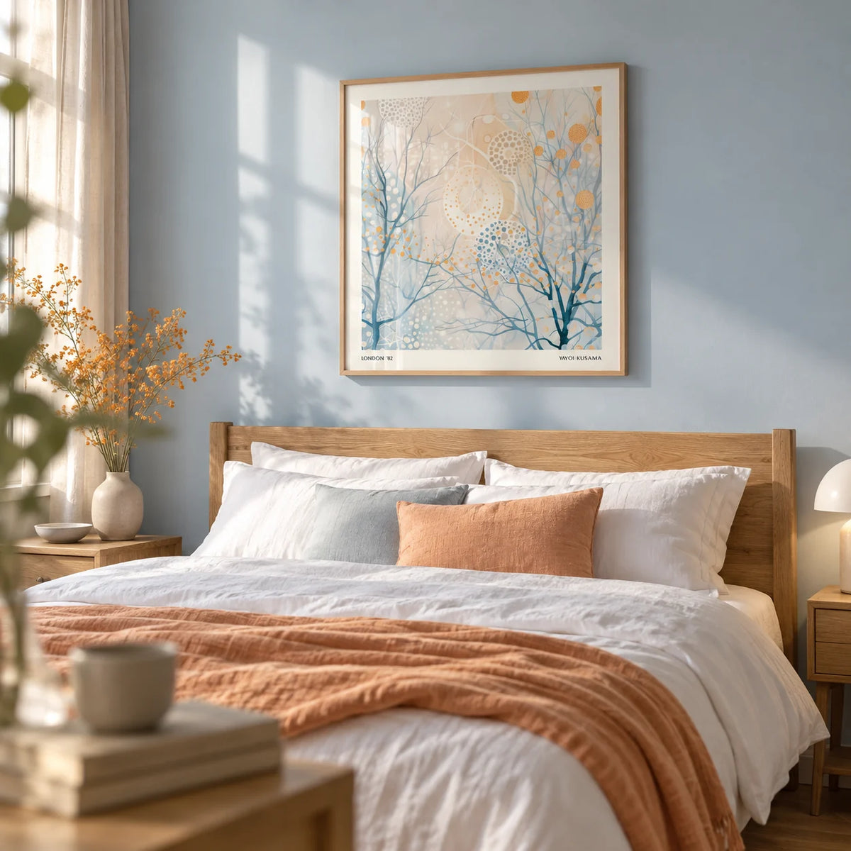 Minimalist Poster Art, framed on the wall of a calm bedroom with a pale blue wall