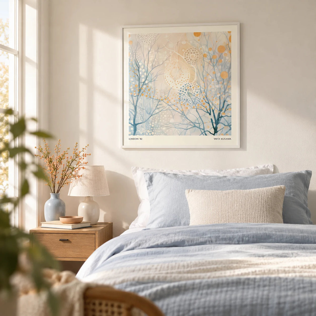 Minimalist Poster Art, framed on the wall of a calm single guest bedroom with a warm white wall