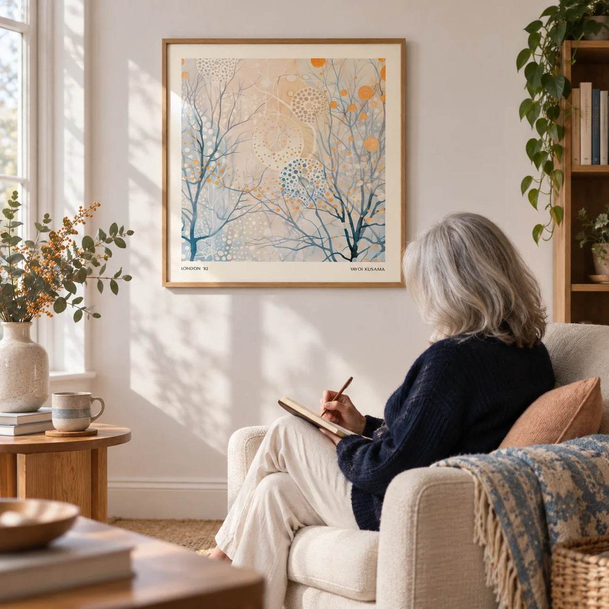 Minimalist Poster Art, framed on the wall of a quiet reading corner with a soft white wall in a living room