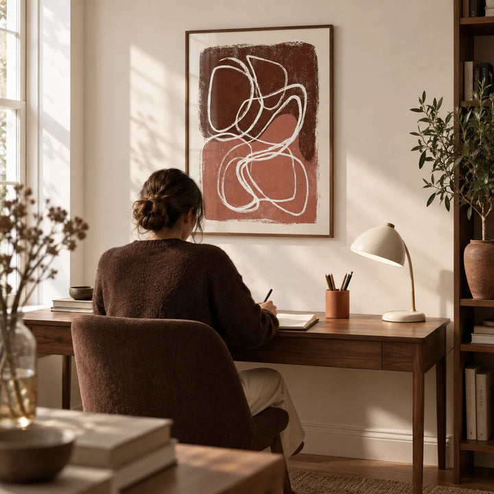 Minimalist Shapes Wall Art, framed on the wall of a quiet home study in a design-conscious UK flat with a warm white wall