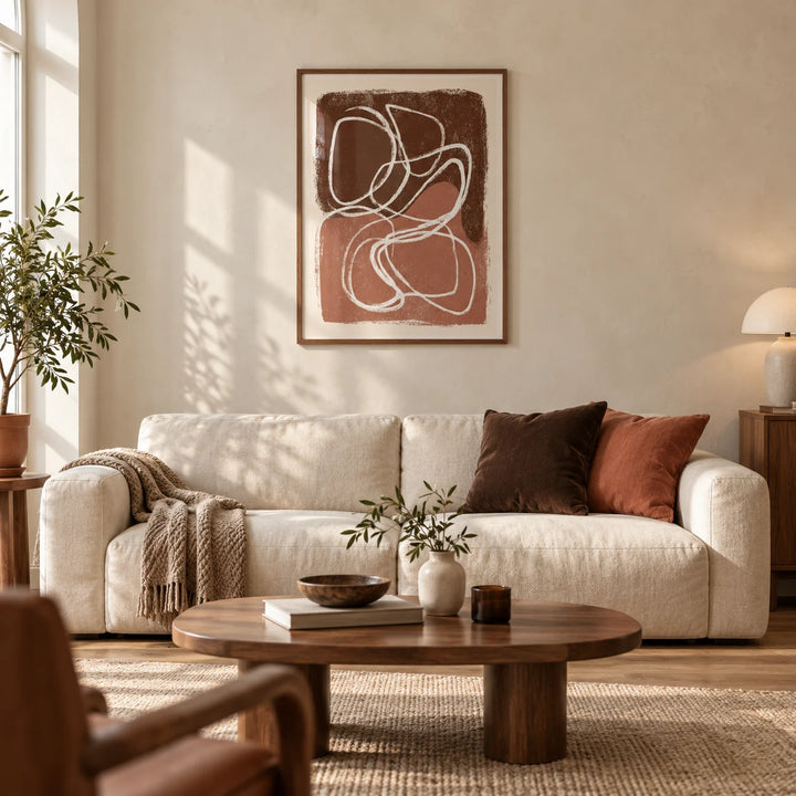 Minimalist Shapes Wall Art, framed on the wall of a warm modern living room in a UK flat with cream plaster walls and oak floorboards