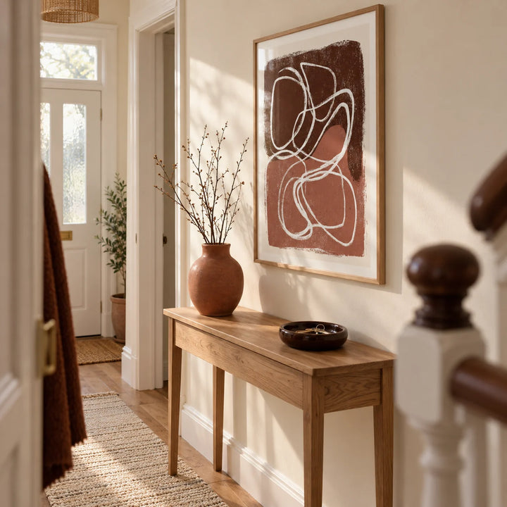 Minimalist Shapes Wall Art, framed on the wall of a welcoming hallway in a modest UK terraced home with pale cream walls and warm timber flooring