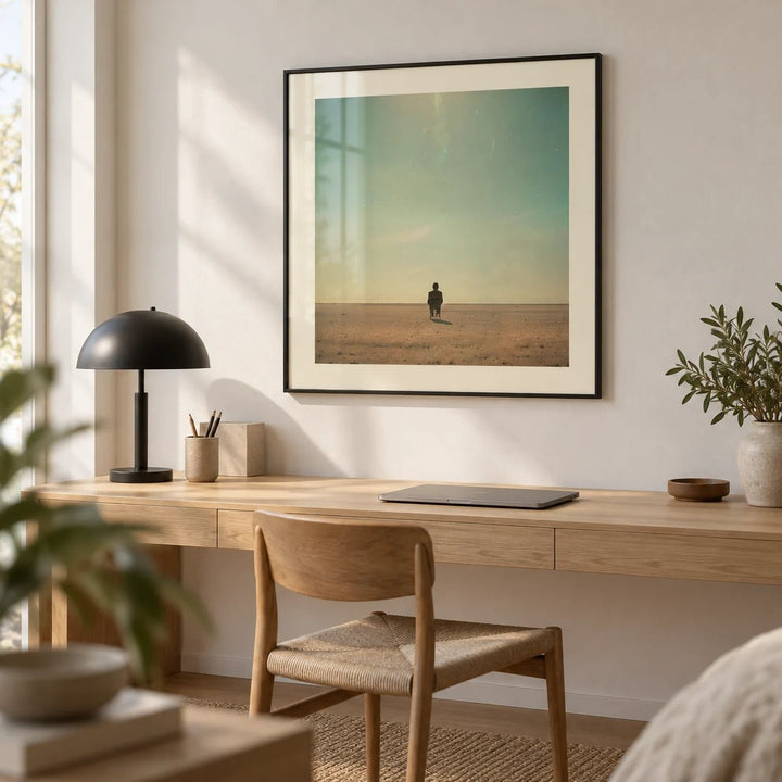 Minimalist Surrealism Art, framed on the wall of a minimal study