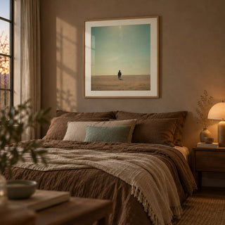 Minimalist Surrealism Art, framed on the wall of a moody bedroom with a warm taupe wall