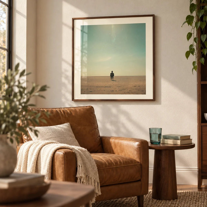 Minimalist Surrealism Art, framed on the wall of a quiet reading corner in a living room