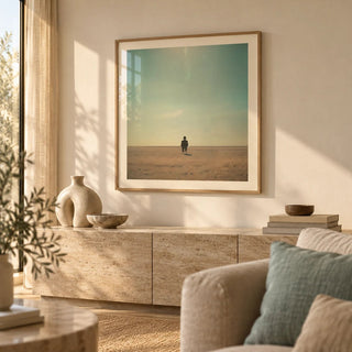 Minimalist Surrealism Art, framed on the wall of a warm minimal living room