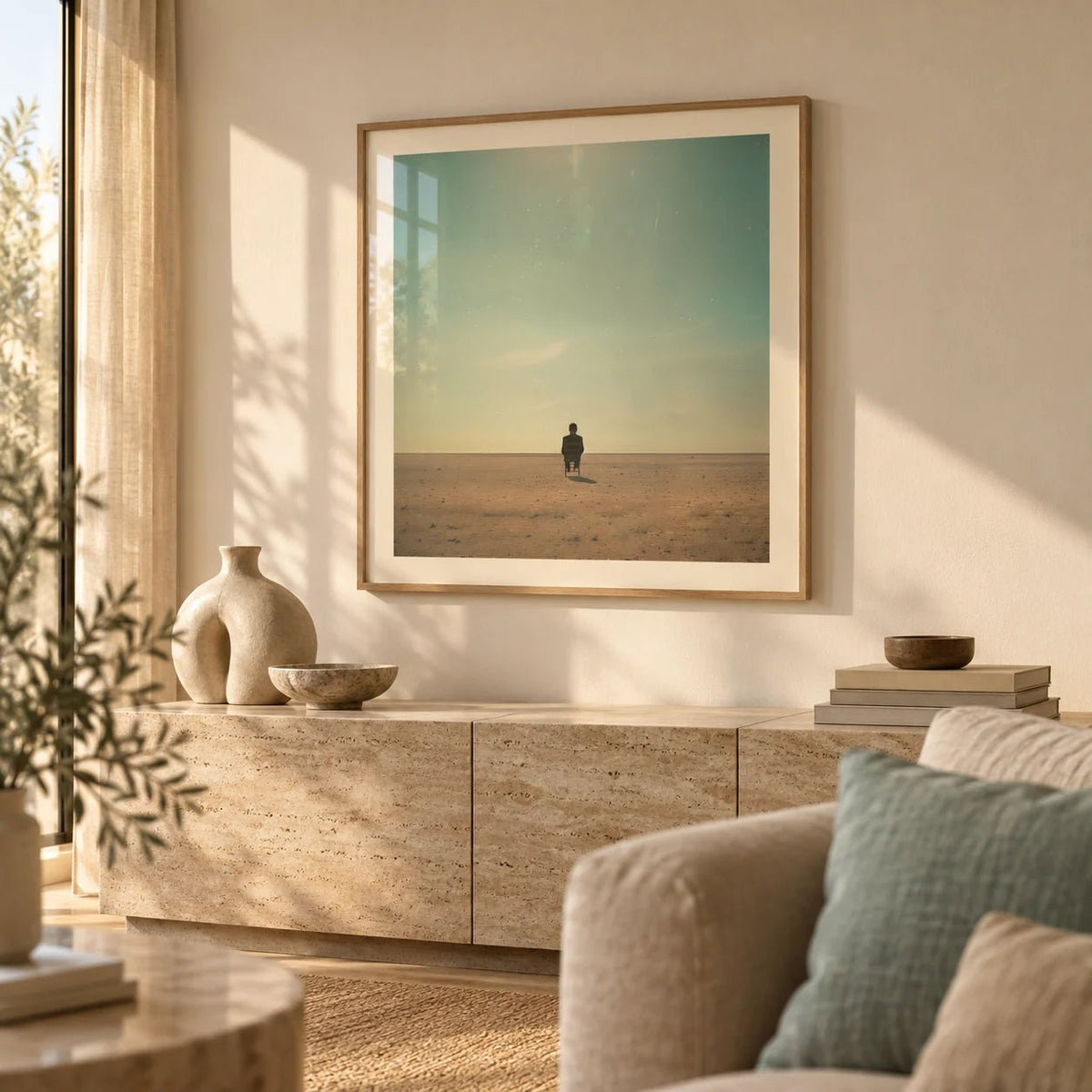 Minimalist Surrealism Art, framed on the wall of a warm minimal living room