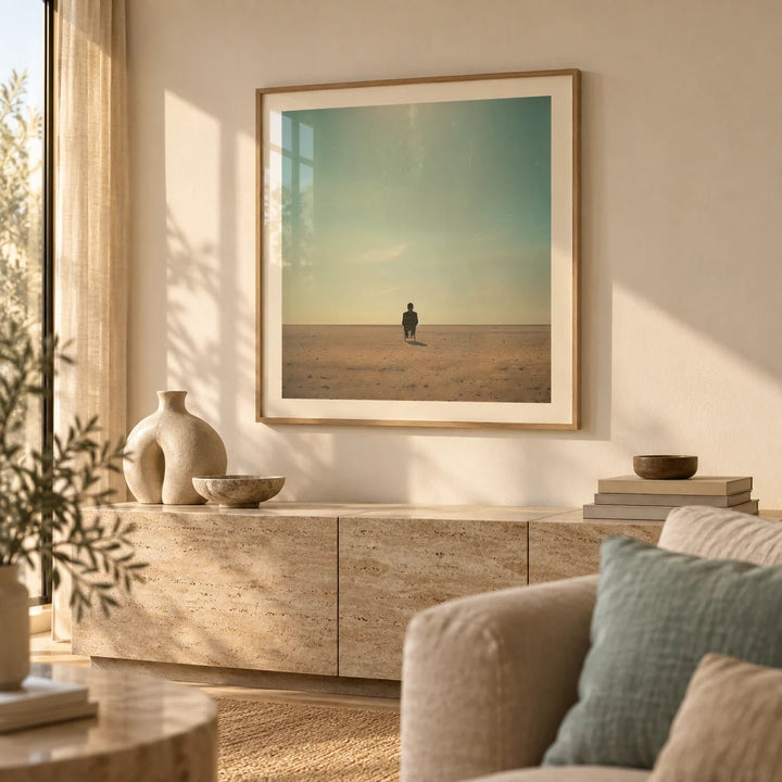 Minimalist Surrealism Art, framed on the wall of a warm minimal living room