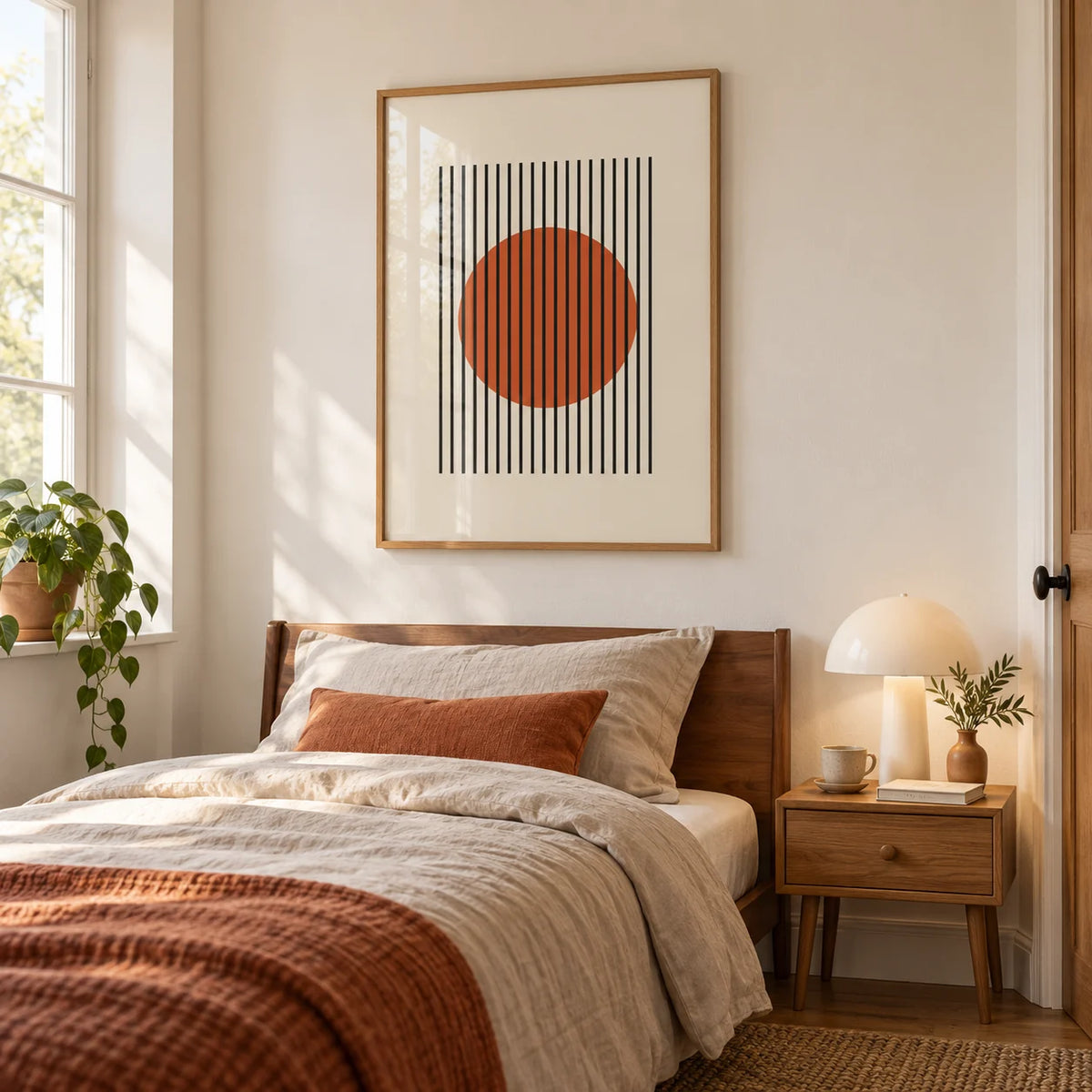 Minimalist Wall Decor, framed on the wall of a calm modern bedroom with a warm white wall