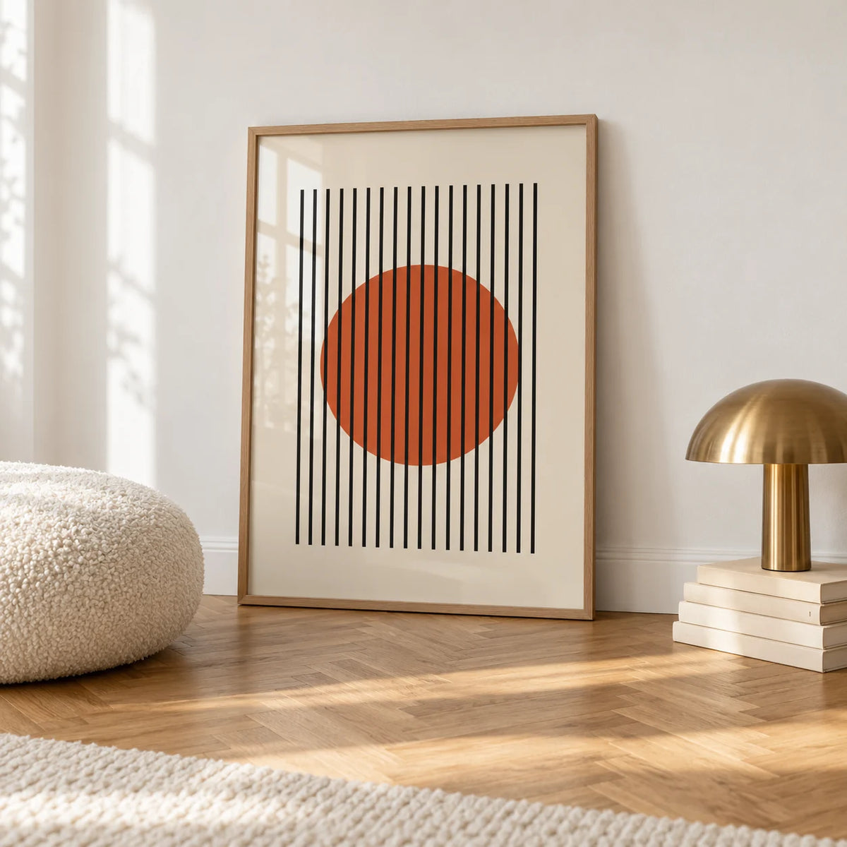 Minimalist Wall Decor, framed on the wall of a calm white room with a white skirting board and herringbone oak parquet