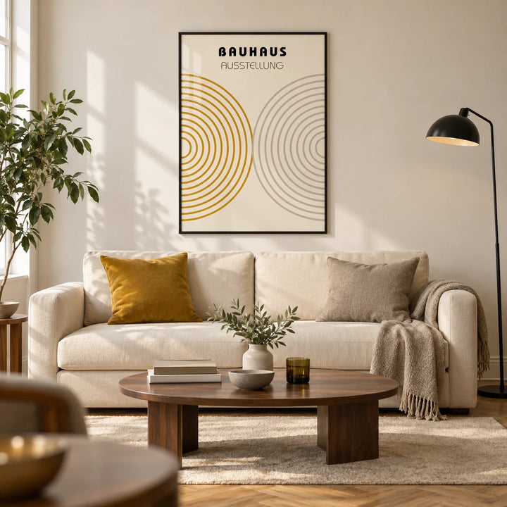 Minimalist Wall Decor, framed on the wall of a design-led living room in a UK city flat with a warm white wall