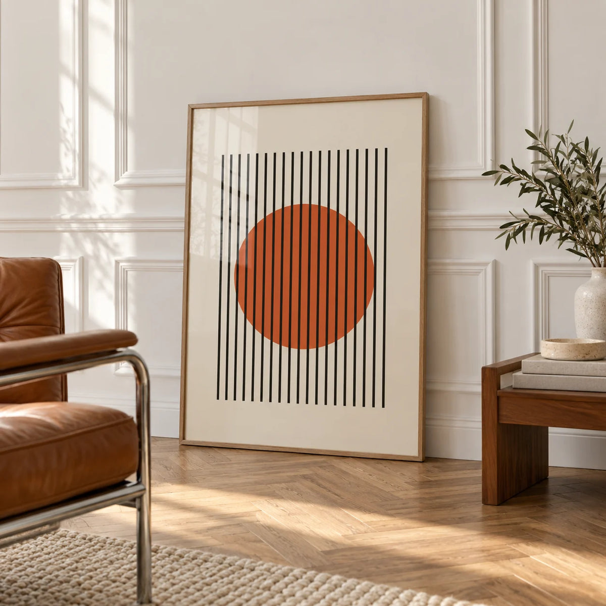 Minimalist Wall Decor, framed on the wall of an elegant room with white panelled walls with classic mouldings and a herringbone oak floor in soft side light