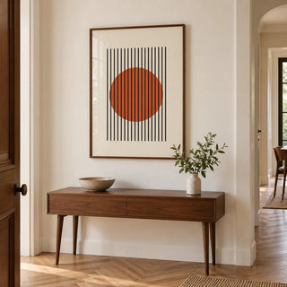 Minimalist Wall Decor, framed on the wall of a hallway with a warm white wall and herringbone oak floor