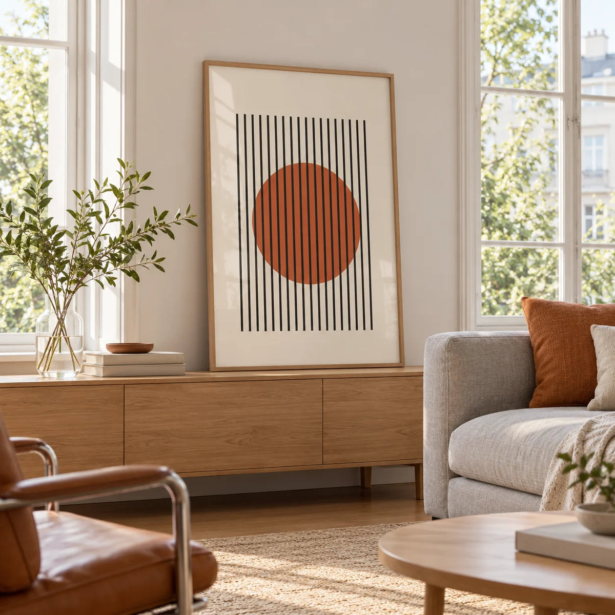 Minimalist Wall Decor, framed on the wall of a light living room with big windows