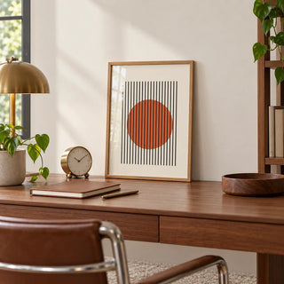 Minimalist Wall Decor, a small A4 framed print leaning on a slim walnut desk
