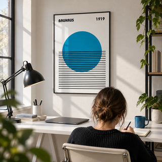 Minimlist Art, framed on the wall of a crisp home office