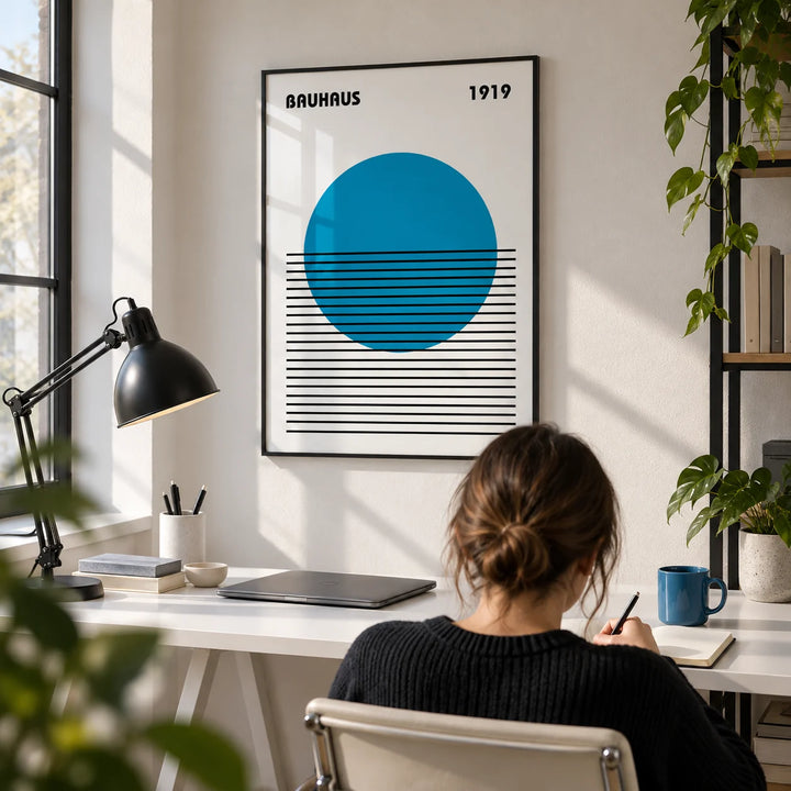 Minimlist Art, framed on the wall of a crisp home office