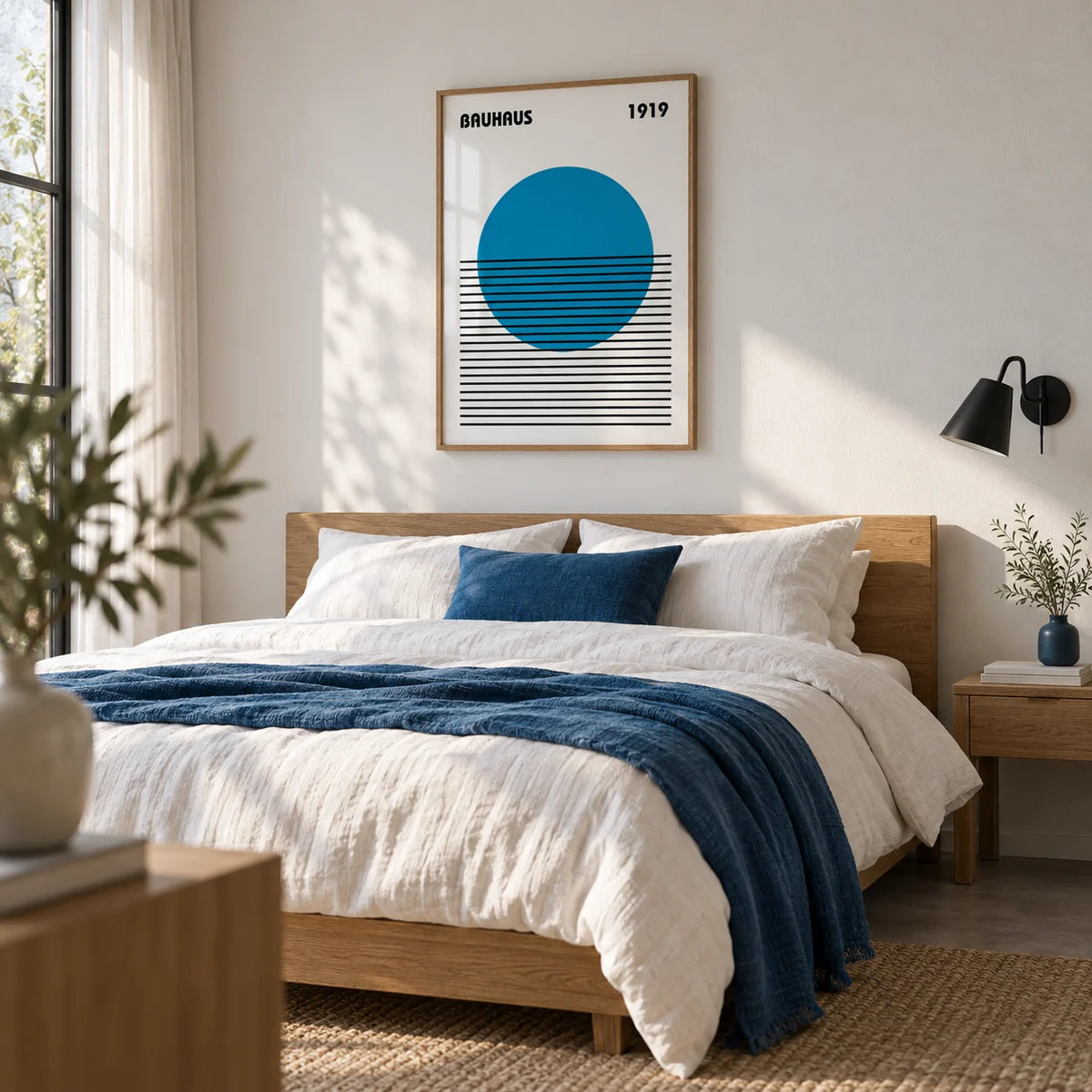 Minimlist Art, framed on the wall of a crisp modern bedroom
