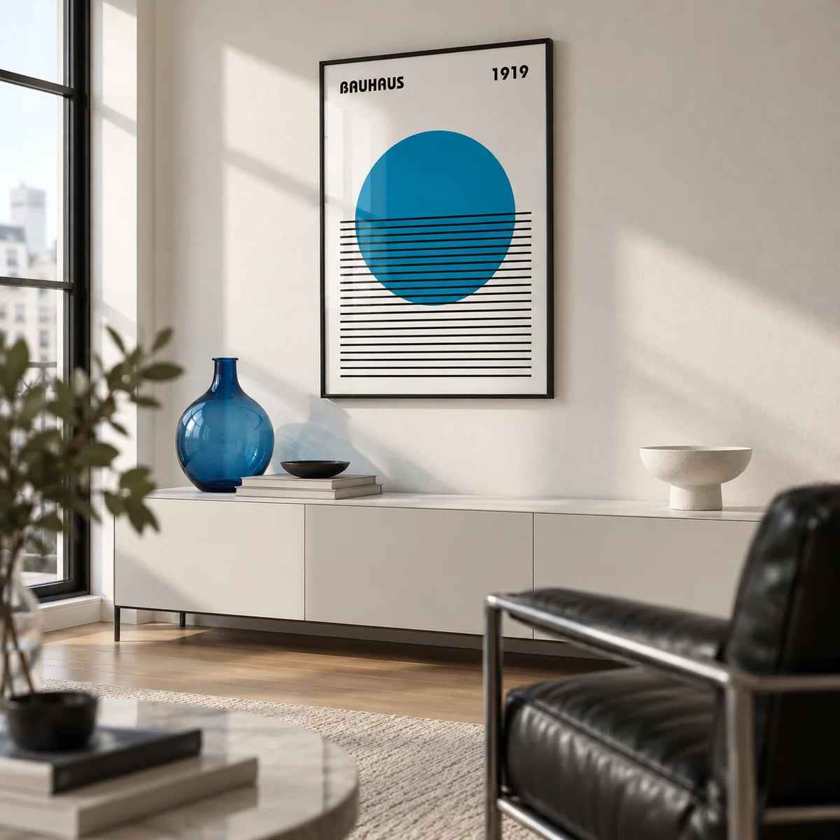 Minimlist Art, framed on the wall of a minimal city-flat living room