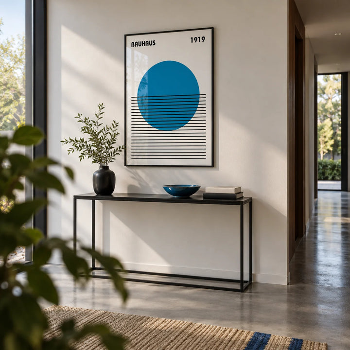 Minimlist Art, framed on the wall of a modern hallway with a polished concrete floor