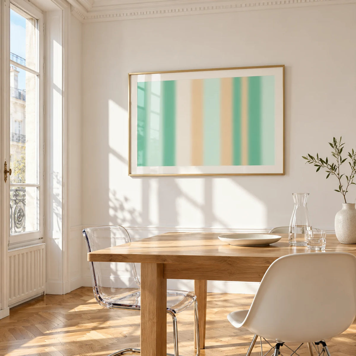Mint Green Wall Art, framed on the wall of a bright dining corner