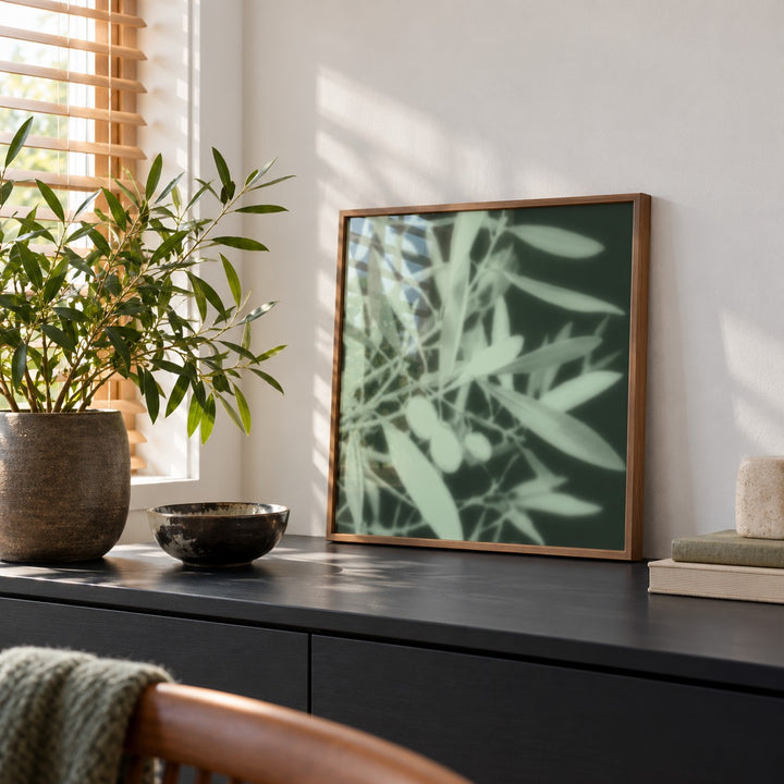 Mint Olive Branch Print styled on a black sideboard (frame not included)