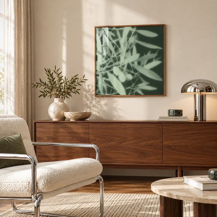 Mint Olive Branch Print styled above a sideboard (frame not included)