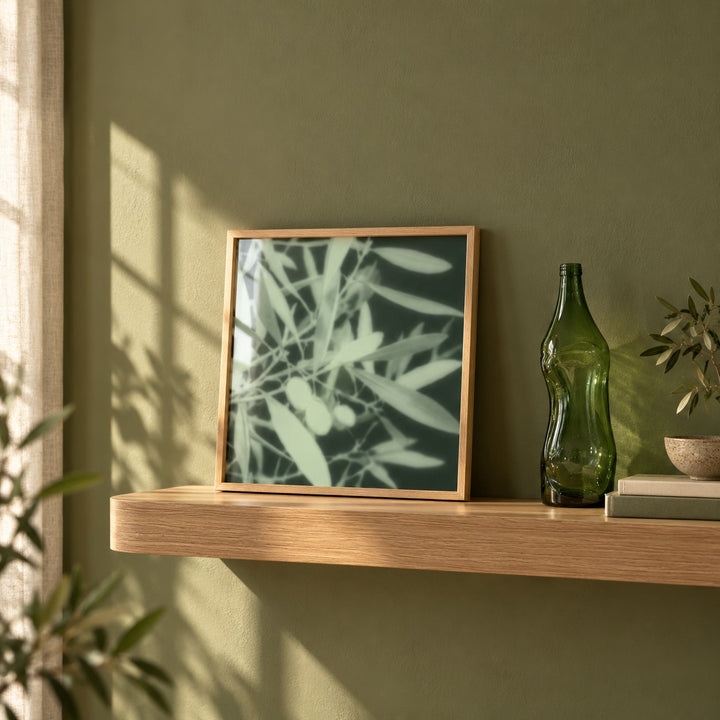 Mint Olive Branch Print styled on a shelf against a green wall (frame not included)