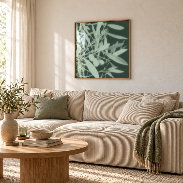 Mint Olive Branch Print styled in a living room (frame not included)